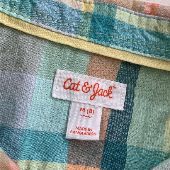 Cat & Jack Button Down Shirt 8 Short Sleeves Mint Green Orange EUC - Picture 6 of 9